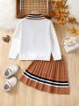 Little Girls' Contrast Color Striped Collar Pullover Sweater & Pleated Skirt Set