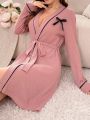 Women'S Bow Decoration Robe With Waist Belt For Homewear