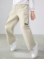 SHEIN Boys' Casual Loose Fit Woven Pants With Patches, Alphabet Print, Straight Cut And Pockets