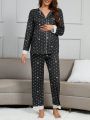 Pregnant Women's Lace Patchwork Crown Pattern Printed Pajama Set