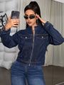 SHEIN ICON Women'S Flap Pocket Zipper Front Denim Jacket