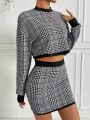 SHEIN Essnce Plaid Cropped Top And Skirt Set