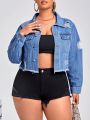 SHEIN Privé Plus Size Ripped Detail Raw Hem Denim Jacket