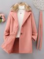 SHEIN Kids QTFun Girls' (big) Solid Color Wool Coat With Suit Collar And Fur Collar