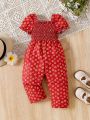 SHEIN Baby Girl's Casual Vintage Elegant Flower Print Romper With Puffed Short Sleeves And Long Pants, Suitable For Spring And Summer Outings