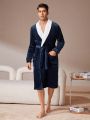 Men's Color Block Bathrobe With Shawl Collar And Waistband