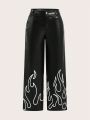 SHEIN ICON Flame Print Pu Leather Pants