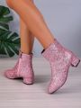 Ladies' Pointed Toe Pink Glitter Side Zipper Chunky Heel Western Style Short Boots, Winter New Arrivals All-match Slimming Fashionable Shoes For Women