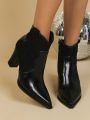 Women's Fashionable Black Chunky Heel Ankle Boots, Western Style