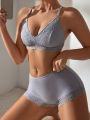 SHEIN Lace-Trimmed Ribbed Knit Underwear Set Lingerie Set