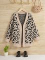 SHEIN Tween Girls' Leopard Pattern Jacquard Long Sleeve Cardigan, For Big Kids