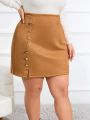 SHEIN Essnce Plus Size Women'S Elegant Fitted Button-Up Faux Pu Midi Skirt