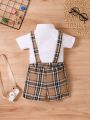 Baby Boy's Plaid Bowtie Short Sleeve Suspender Pants Gentleman Outfit