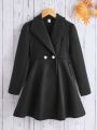 SHEIN Kids FANZEY Girls Waterfall Collar Double Buttoned Overcoat