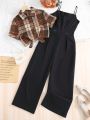 Teen Girl Plaid Short Sleeve Shirt And Cami Jumpsuit 2pcs/Set