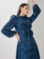 SHEIN Modely Button Decorated Lantern Sleeve Belted Jacquard Dress