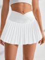 Tennis Casual Solid Color V-Waist Pleated Athletic Midi Skirt