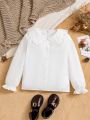 Tween Girls' Peter Pan Collar Shirt With Eyelet Embroidery And Bell Sleeves