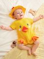 SHEIN Baby Boy Cartoon Animal Shape Short-Sleeved Jumpsuit Fisherman Hat Two-Piece Set