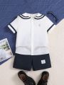SHEIN Kids Academe Young Boy Color Block Collar Shirt & Shorts Set With Alphabet Badge Detailing