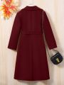 SHEIN Tween Girls Double-Breasted Belted Woolen Coat