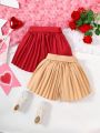 SHEIN Kids EVRYDAY Little Girls' Solid Color Pleated Shorts For Spring And Autumn