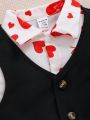 SHEIN Baby Boys' Gentleman Outfits, Heart Pattern Casual Shirt, Solid Color Vest, Shorts, 3pcs/set