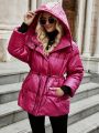 SHEIN Frenchy Drawstring Waist Drop Shoulder Zipper Hooded Down Coat