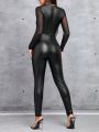 SHEIN PETITE Women's Tight-fitting Jumpsuit With Pu And Mesh Patchwork
