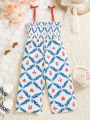Baby Girls' Spring/Summer Vacation Style Leaf Print Cami Jumpsuit In Wrap Design