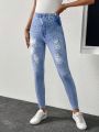 SHEIN LUNE Ladies' Printed Faux Denim Leggings