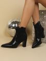 Women's Fashionable Black Chunky Heel Ankle Boots, Western Style