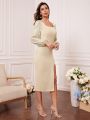 Contrast Sequin Lantern Sleeve Split Thigh Bridesmaid Dress