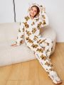 SHEIN Teen Girl Bear Pattern 3D Ear Design Hooded Flannel Jumpsuit