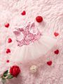 PETSIN Pink Velvet & Sequin Embroidered Mesh Pet Dress With Love Heart For Valentine'S Day