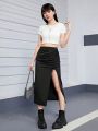 Teen Girl Solid Color High Split Casual Midi Skirt