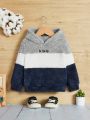 SHEIN Baby Boys' Thick Color Block Hooded Sweatshirt With Letter Print