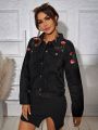 SHEIN LUNE Women'S Denim Jacket With Rose Embroidery
