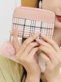 Pom Pom Decor Plaid Pattern Coin Purse