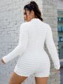 SHEIN Coolane Women's Plus Size Textured Long Sleeve Jumpsuit - White