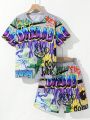 SHEIN Kids HYPEME Tween Boys' Casual Street Style Printed Round Neck Short Sleeve Pullover T-Shirt And Knitting Shorts Set