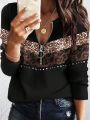 Plus Size Women's Vintage Leopard Print & Polka Dot Pattern Zipper Long Sleeve T-Shirt