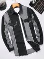 Men's Frayed Edged Denim Shirt With Flap Detail And Color Block Design