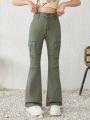 SHEIN Tween Girls Y2k Spring Summer Trendy High Waist Flap Pocket Side Flare Leg Cargo Jeans,Girls Summer Clothes Concert Outfit