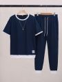 Men'S Round Neck Short Sleeve T-Shirt And Long Pants Set With Patchwork Edge