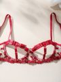 SHEIN 3pcs/set Heart Embroidery Hollow Out Bra, Thong, And Garter Set