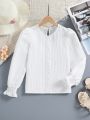 SHEIN Kids HYPEME Tween Girl Solid Color Bubble Sleeve Lace Trim Blouse