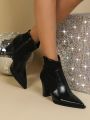 Women's Fashionable Black Chunky Heel Ankle Boots, Western Style