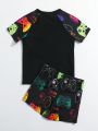 Little Boys' Video Game Console & Letter Print Short Sleeve Shorts Separate Swimwear