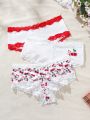 SHEIN 3pcs/Set Women's Cherry Printed Lace Trimmed Triangle Panties